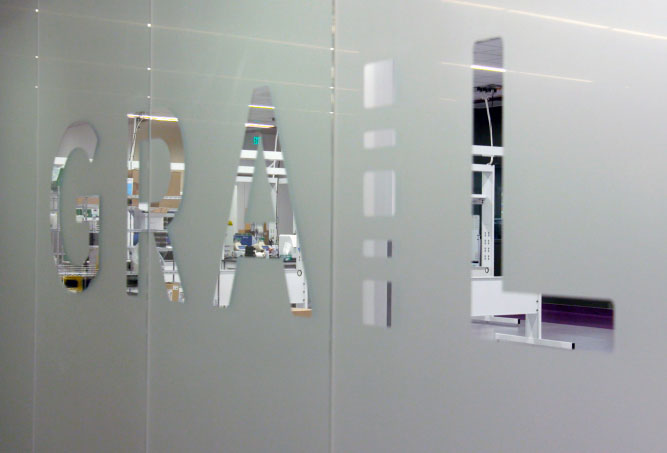 Grail engraved in window glass